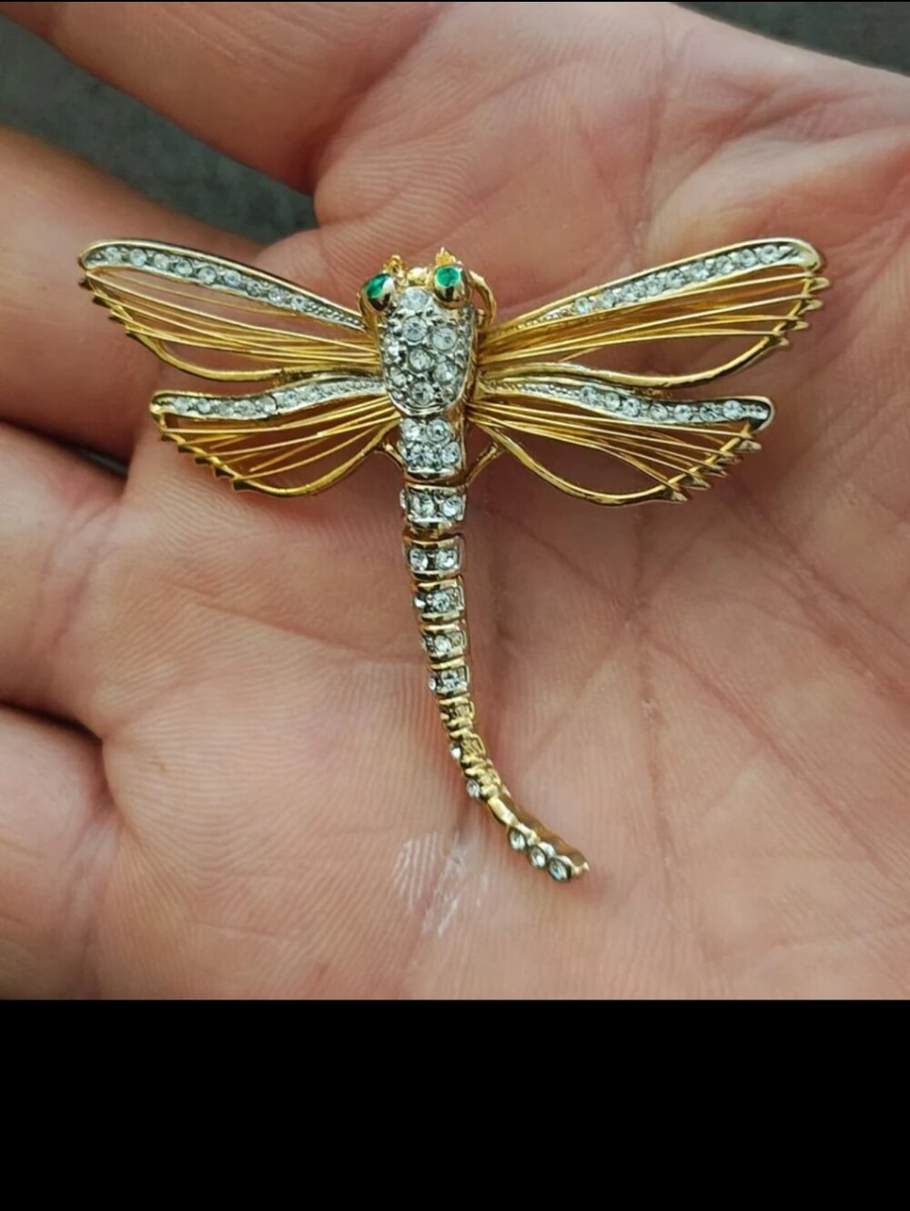90s Vintage Gold Tone With Clear Rhinestones and Green Enamel Eyes Dragonfly Pin